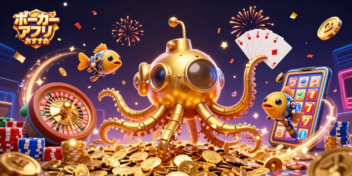 ポーカーアプリおすすめを使って、楽しくプレイ中のポーカーテーブルの様子を描いたイラスト。