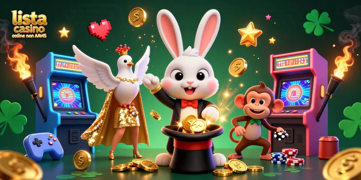 Scopri la lista casino online non AAMS con un mago cartoon, una colomba scintillante e una scimmia furba che rubano gettoni.