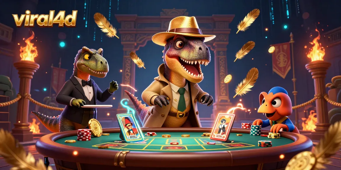 Gambaran 3D viral4d menunjukkan velociraptor menghitung kartu sambil bersembunyi, di meja blackjack.