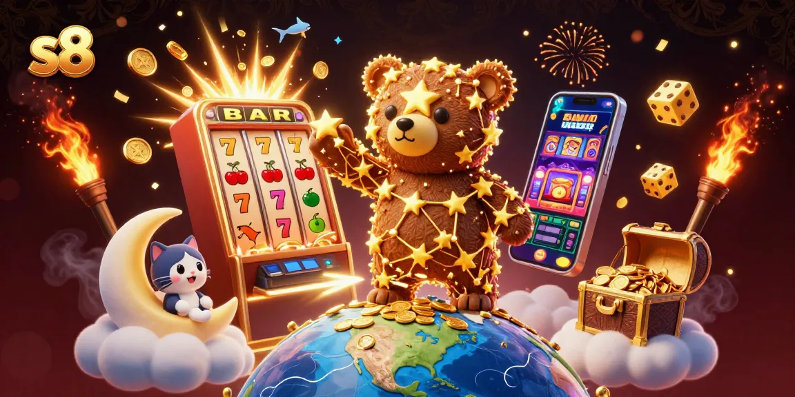S8 offers exhilarating casino experiences as the constellation bear scoops up coins while lucky symbols and rich casino visuals burst around.