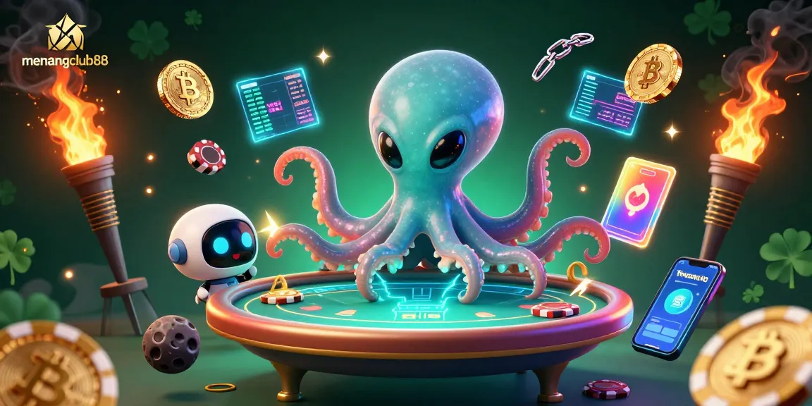 Experience menangclub88 by engaging at a futuristic poker table with a cartoon octopus and robot.