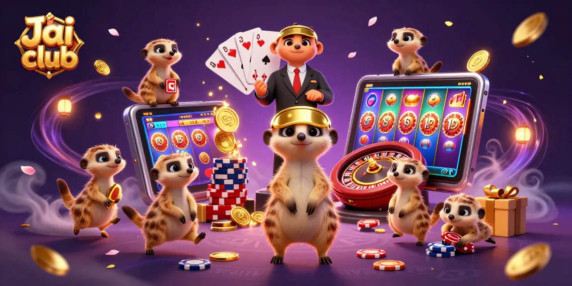 Engage with thrilling gameplay at Jai club's virtual casino featuring meerkat dealers and vibrant slot games.