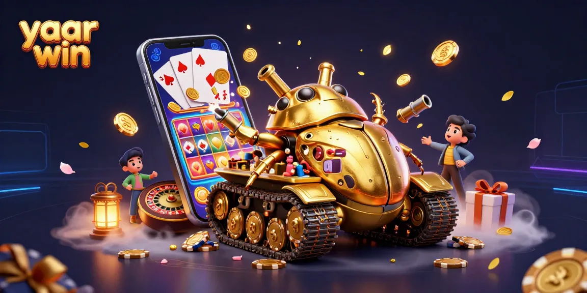 Join the excitement of yaar win with a vibrant casino scene featuring golden cannon turrets and tiny gambling patrons.