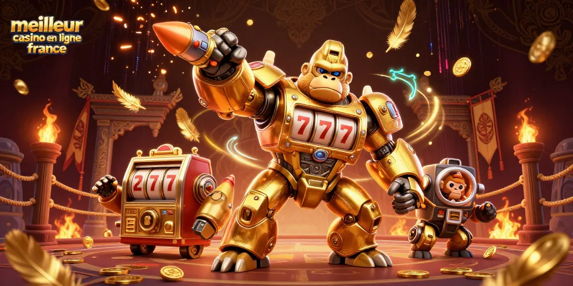Découvrez les sensations du meilleur casino en ligne France avec un mecha gorille doré et des éléments de jeu captivants.