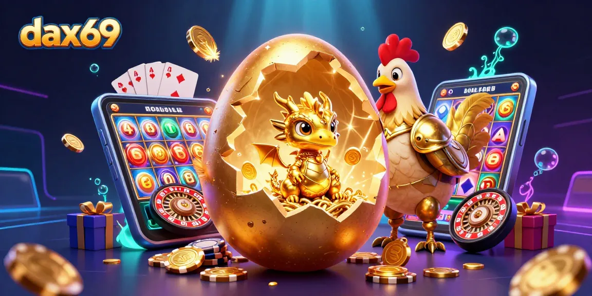 DAX69 menampilkan naga emas bersinar di tengah tumpukan chip poker saat jackpot permainan slot memikat tersedia untuk pemain.