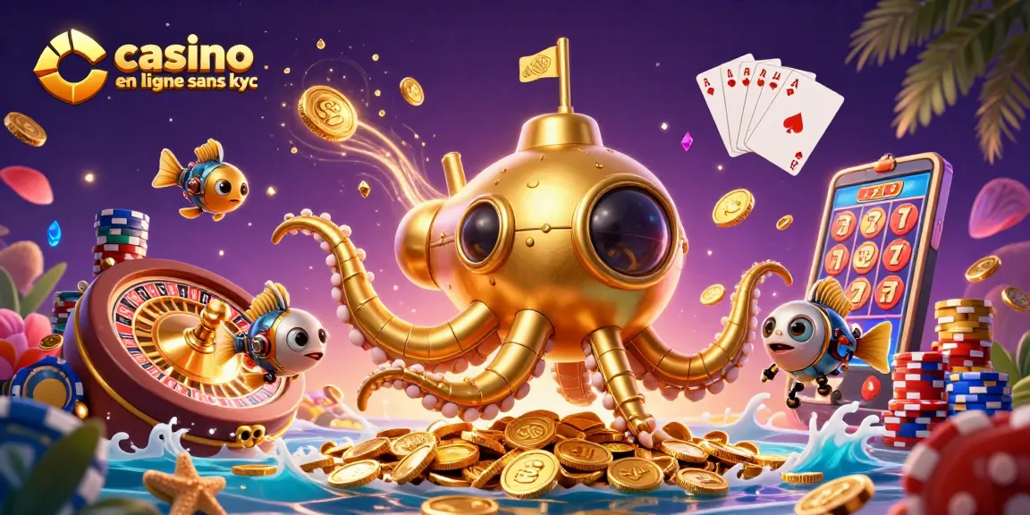 Jouez sur un casino en ligne sans KYC pour gagner avec des machines à sous et des roulettes sous un kraken doré.