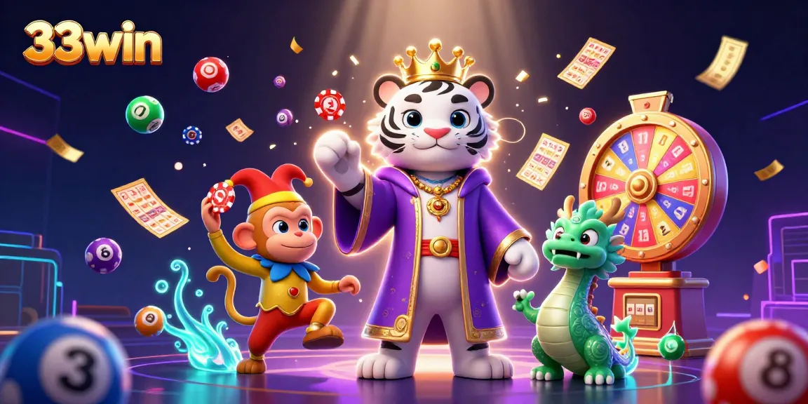 Experience the vibrant world of 33win with a white tiger, juggling monkey, and jade dragon amidst casino elements.