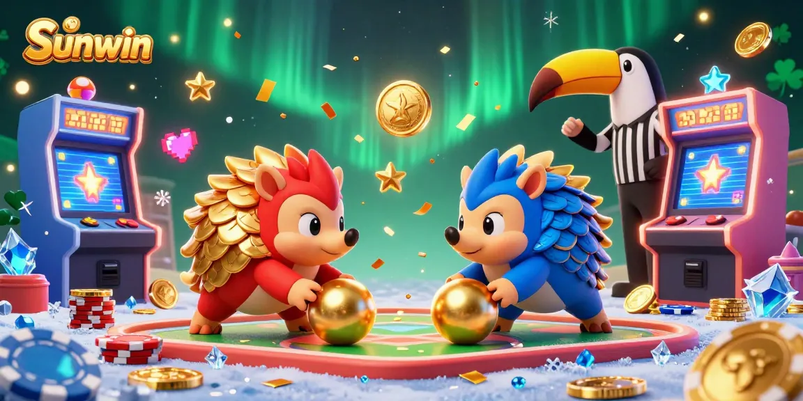 Win big with Sunwin as pangolins compete in a vibrant casino arcade scene.