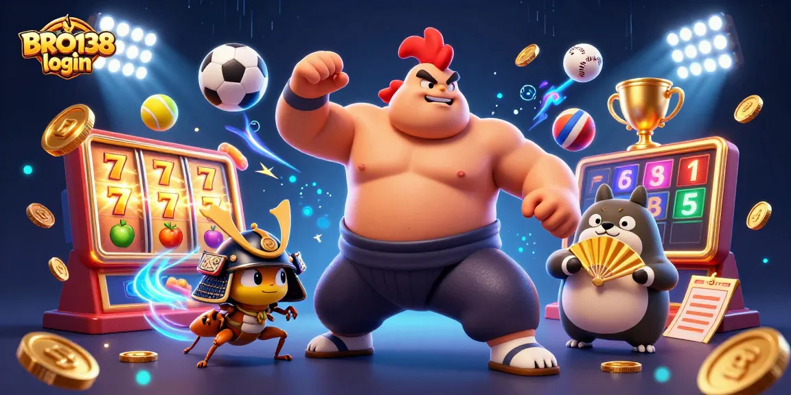 Engage in thrilling gameplay with BRO138 login featuring sumo wrestler rooster, fighting cricket, and dynamic slot reels.