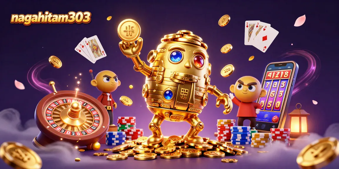 Menghadirkan pengalaman judi di nagahitam303 dengan makhluk golem emas dikelilingi simbol mesin slot.