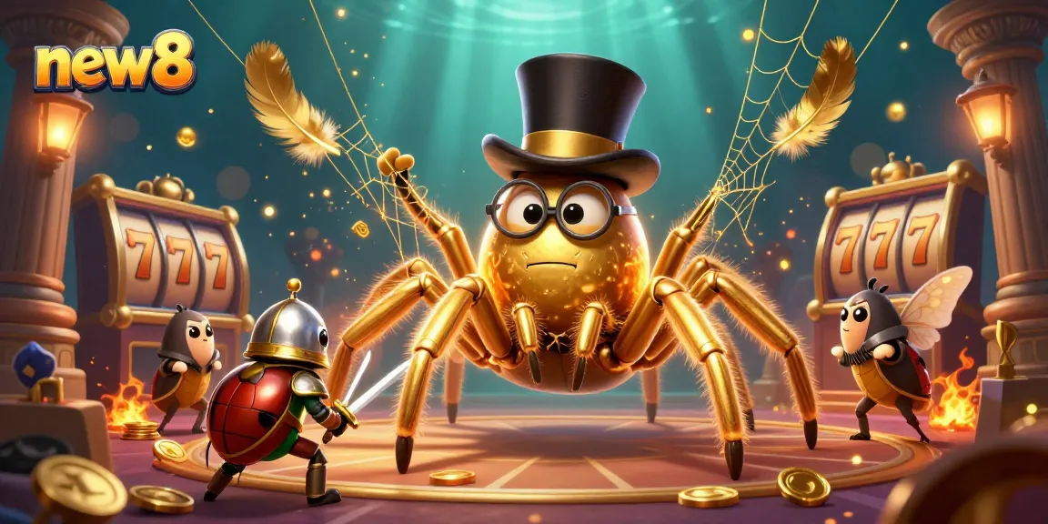 Engage in thrilling experiences at new8 with a golden tarantula and beetle knight in an exciting casino setting.