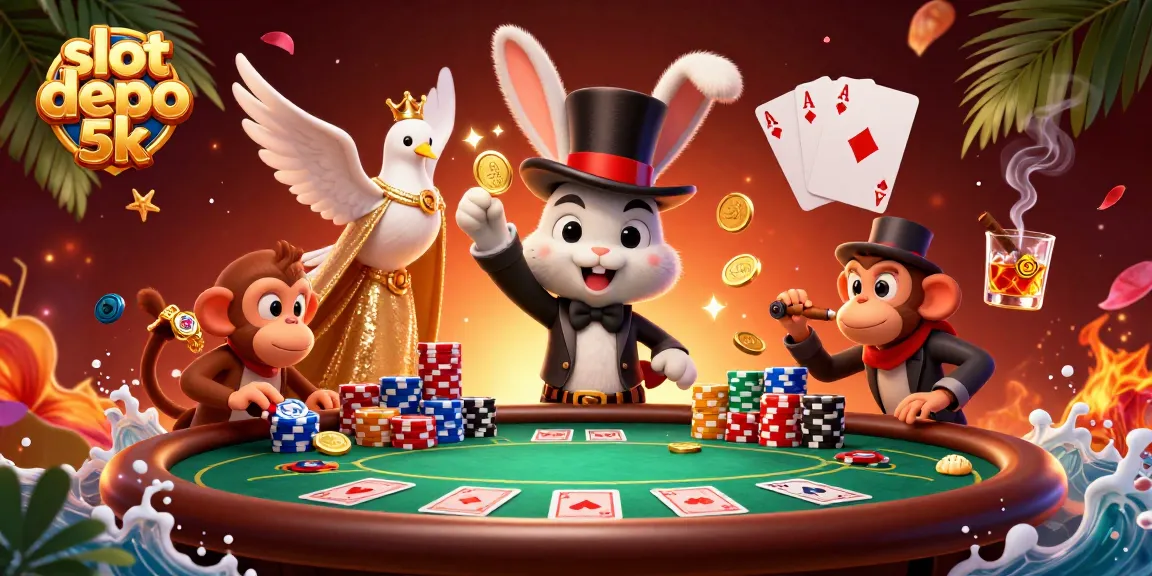Experience the excitement of slot depo 5k with a magician rabbit, dove, and playful monkey surrounded by casino elements.