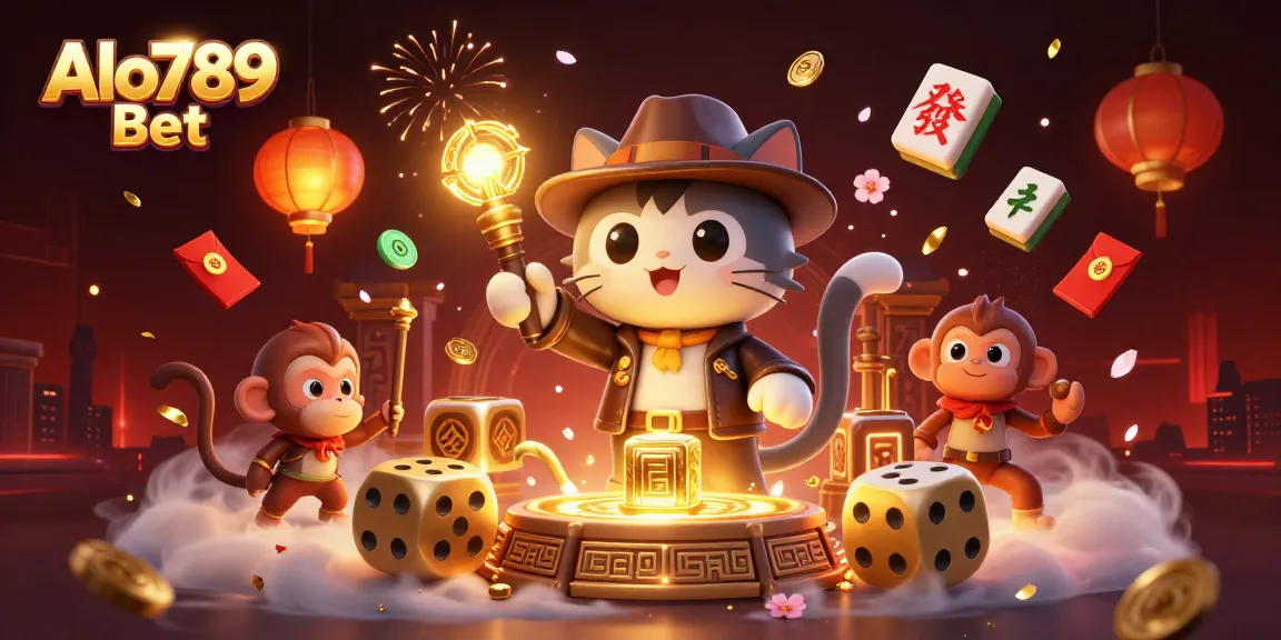 Alo789 Bet interactive temple scene with a cartoon explorer cat and monkey, featuring casino artifacts and elements.
