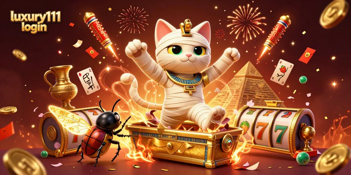 Experience the thrilling moments of luxury111 login with a vibrant casino scene featuring a mummy cat and slot elements.