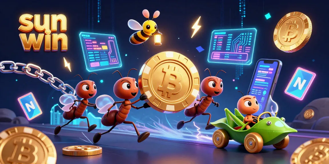Win big with sun win logo showcased amidst a chaotic casino heist scene involving ants.