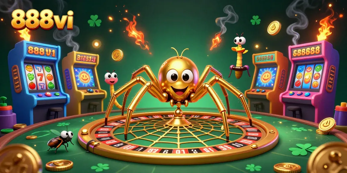 Experience thrilling casino action with 888vi's golden spider and centipede croupier in a vibrant game scene.