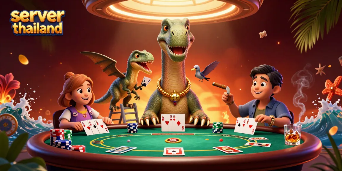 Engage with server thailand's vibrant casino scene featuring a brontosaurus and raptor in action.