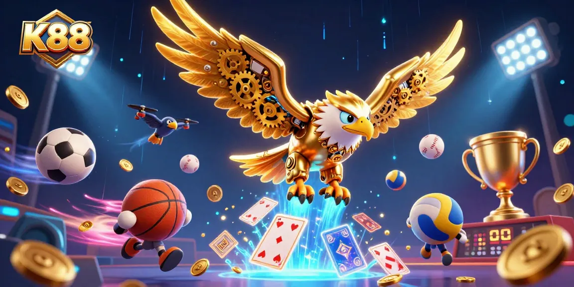 K88 showcases a cybernetic golden eagle among dynamic sports betting elements with vibrant casino themes.