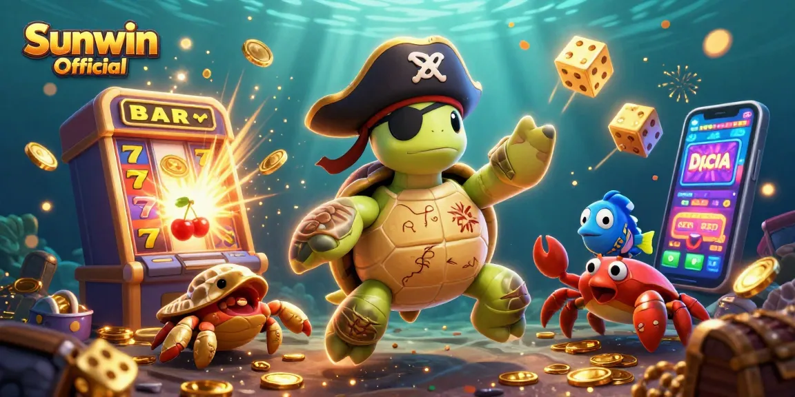 Engage with the thrilling world of slots at Sunwin Official, featuring a vibrant 3D pirate turtle scene.