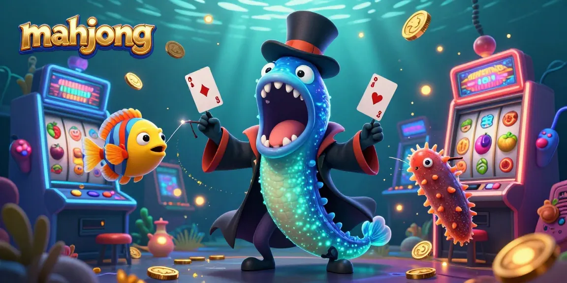 Engage in Mahjong gaming with bioluminescent characters amid vivid slot machines and vibrant colors.