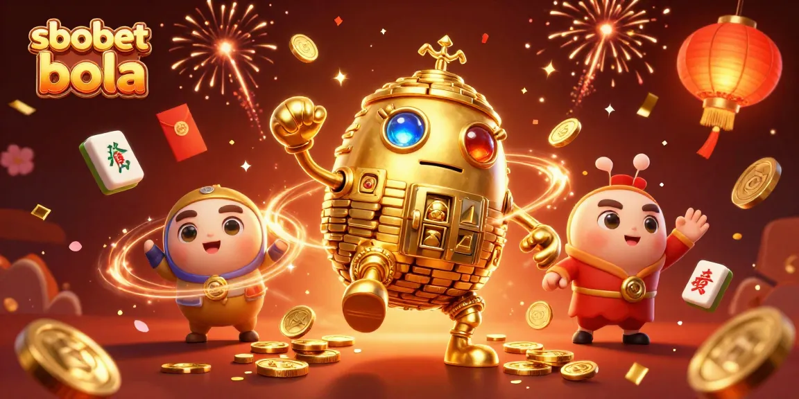 Experience sbobet bola excitement with a dynamic 3D golden golem surrounded by festive casino elements.