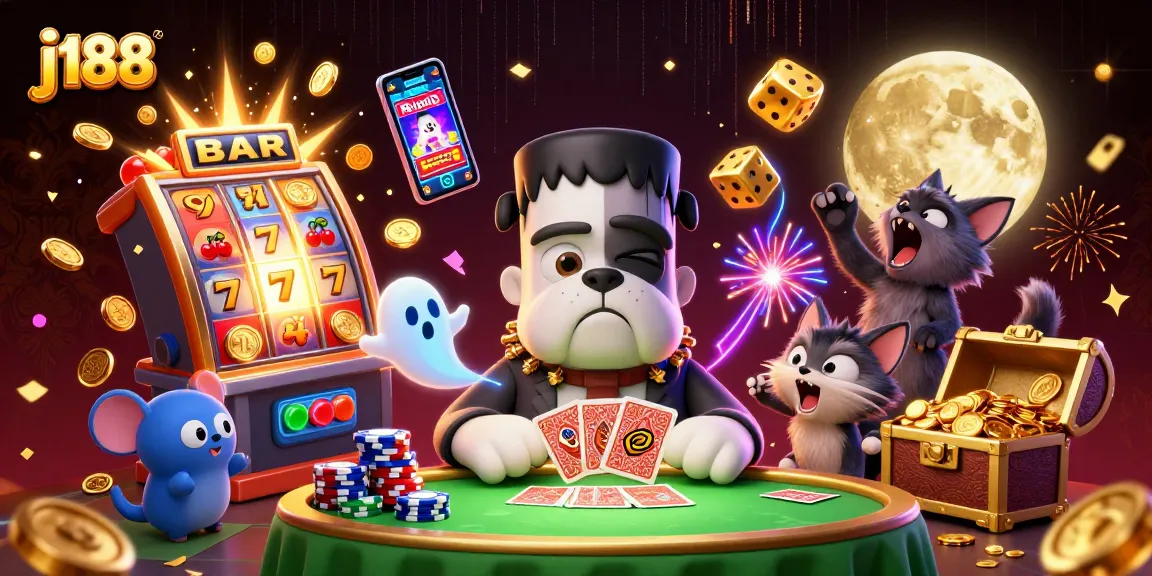 j188 slots action with a festive atmosphere featuring a Frankenstein bulldog and ghost mouse