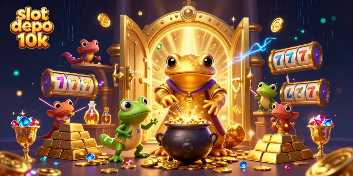 Experience thrilling action with slot depo 10k as gold coins and valuable gems scatter across a vibrant casino scene.