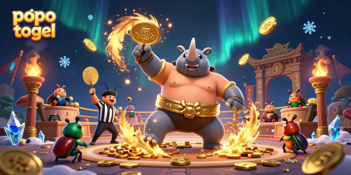Experience popo togel excitement with a dynamic illustration of beetle champions competing for gold coins.