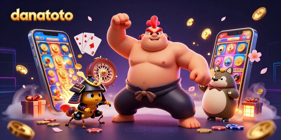 Engage with danatoto's exciting gaming experience featuring a sumo rooster amidst slot games and vibrant casino elements.