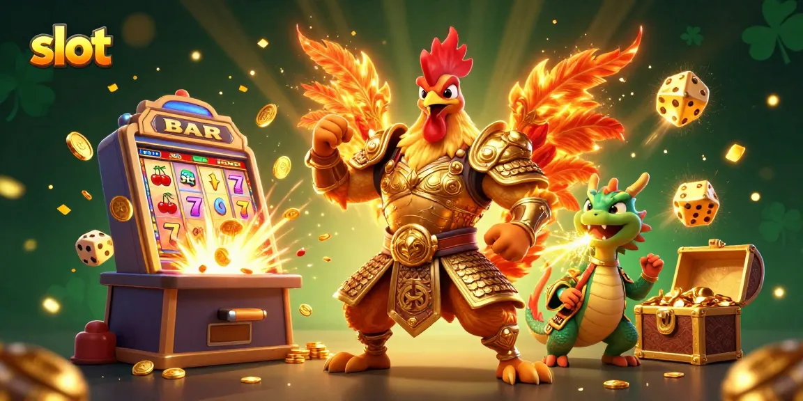 Slot yang penuh kejutan dengan karakter ayam petarung 3D dan naga berarmor.