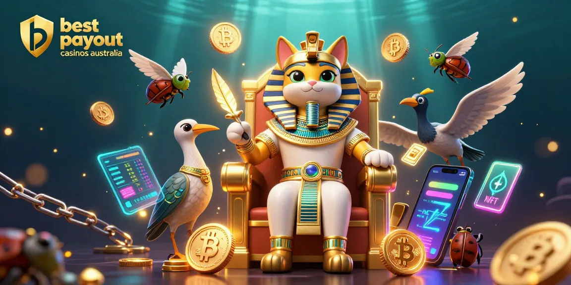Experience the best payout casinos Australia with a colorful 3D scene featuring pharaoh cat and crypto elements.