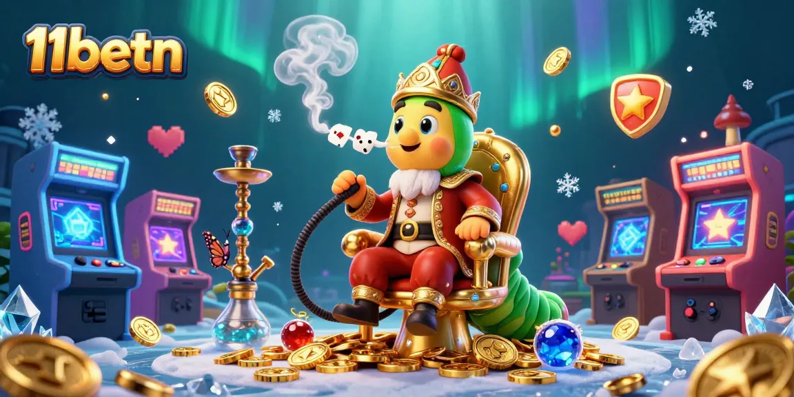 Experience 11betn’s vibrant gaming scene with a whimsical caterpillar and casino icons!