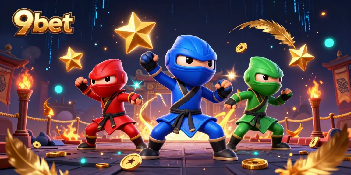 Experience thrilling action with 9bet's vibrant casino scene featuring ninja chameleons in martial arts poses.