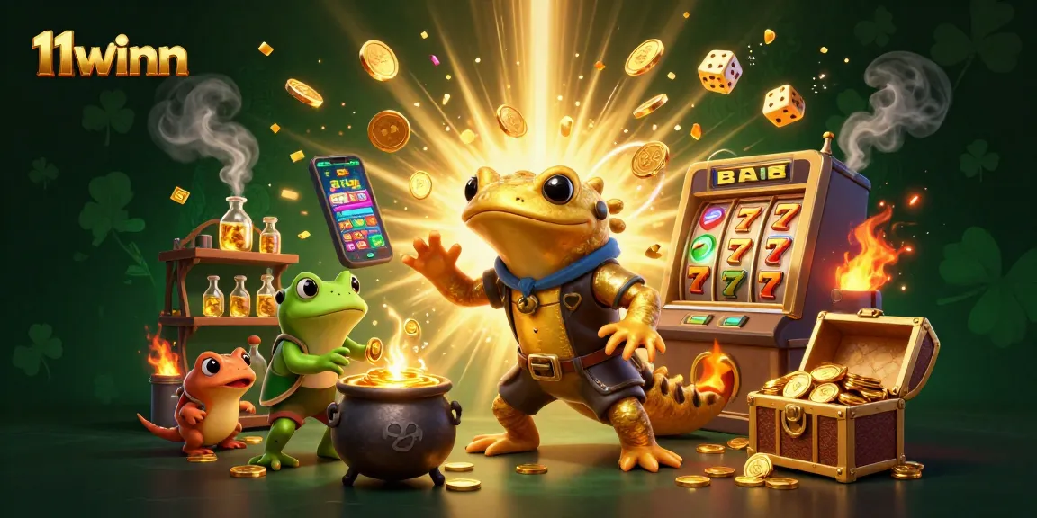 Engage with the 11winn slot experience featuring a golden salamander alchemist in a vibrant 3D scene.